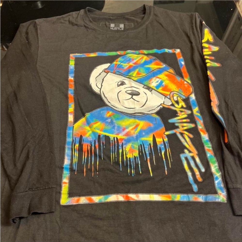Hustler Hollywood men’s Black Tie-Dye Bear Long Sleeve Tee